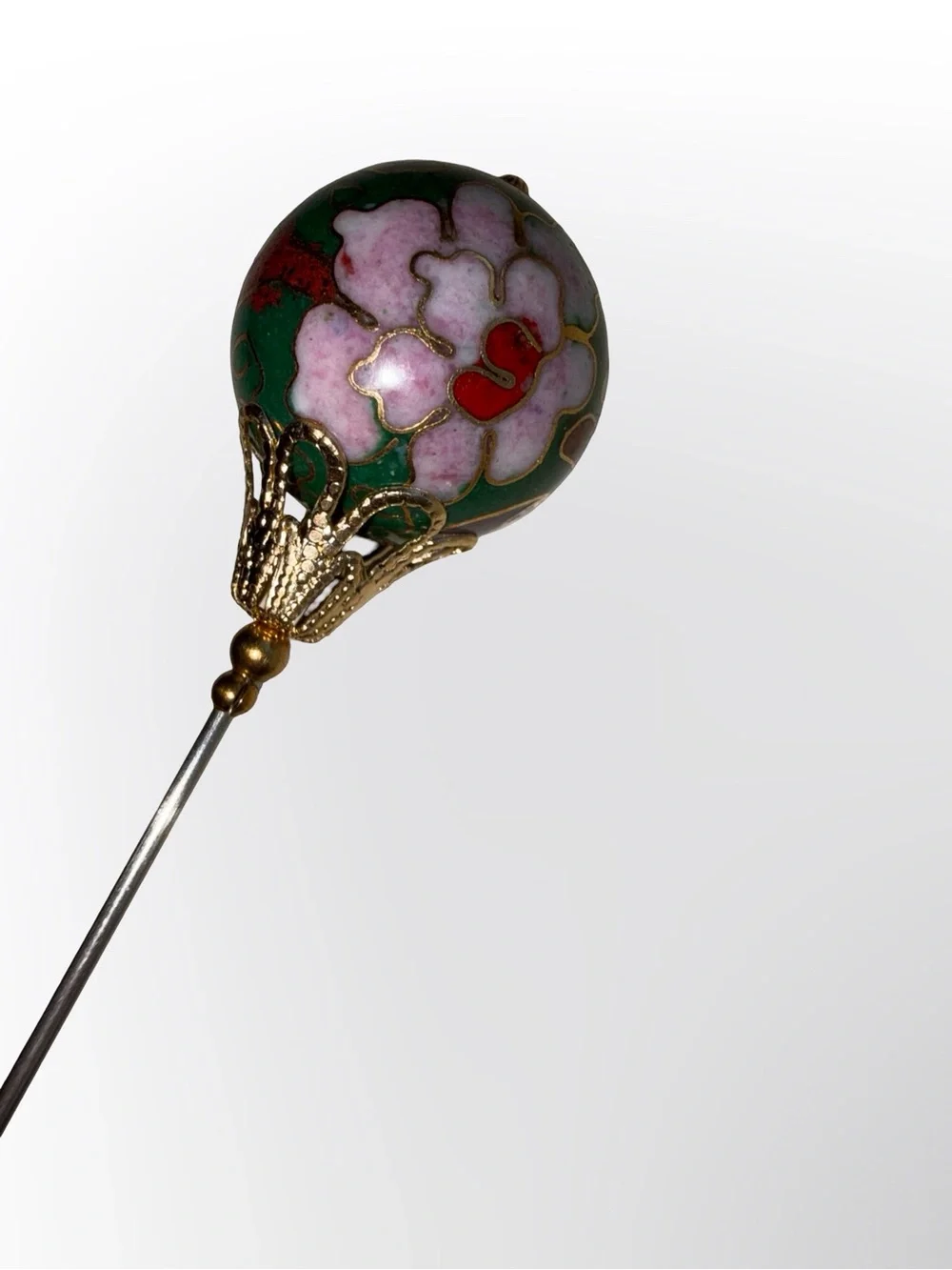 Vintage Chinese Cloisonné Floral Hat Pin Pink Green Enamel Gold Tone